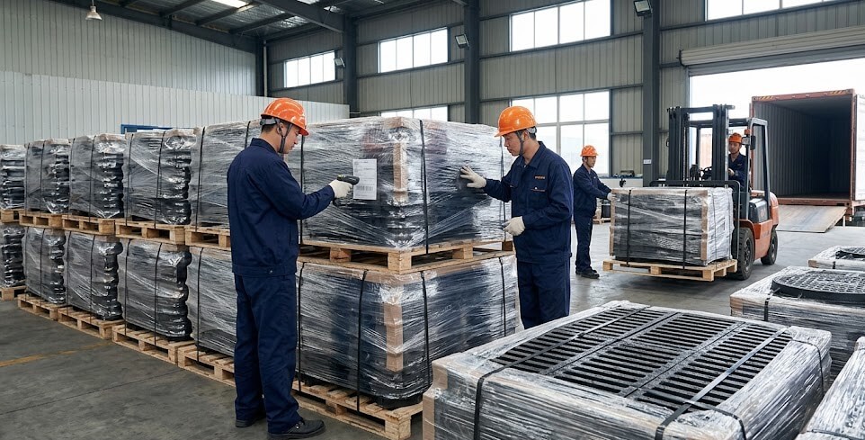 Export packaging for ductile iron manhole covers and drainage products