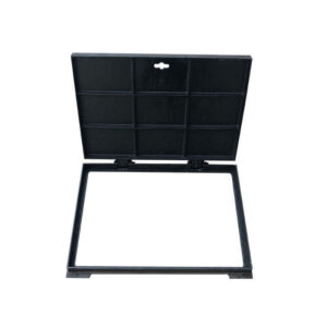 Hinged rectangular ductile iron manhole cover with frame for drainage access