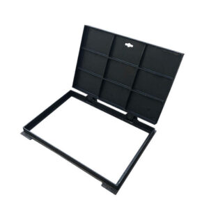 Open rectangular ductile iron manhole cover showing frame and cover structure