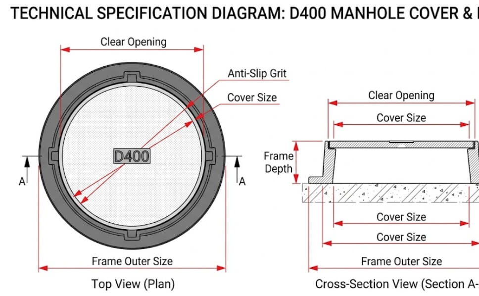 Clear Opening and Frame Depth Diagram Diagram showing clear opening, cover size, frame outer size and frame depth for a D400 manhole cover with frame.