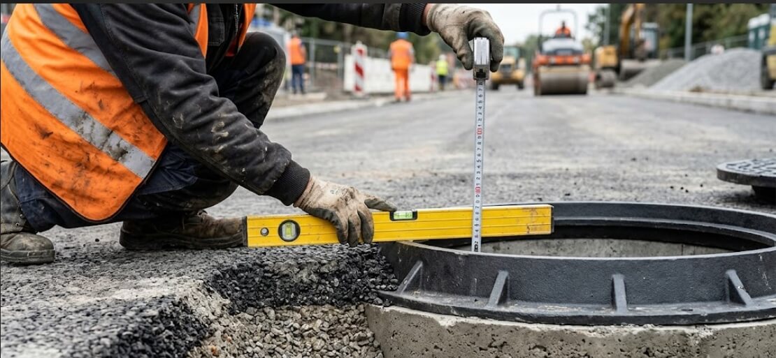 Worker checking frame depth and seating of a D400 manhole cover frame during road installation.