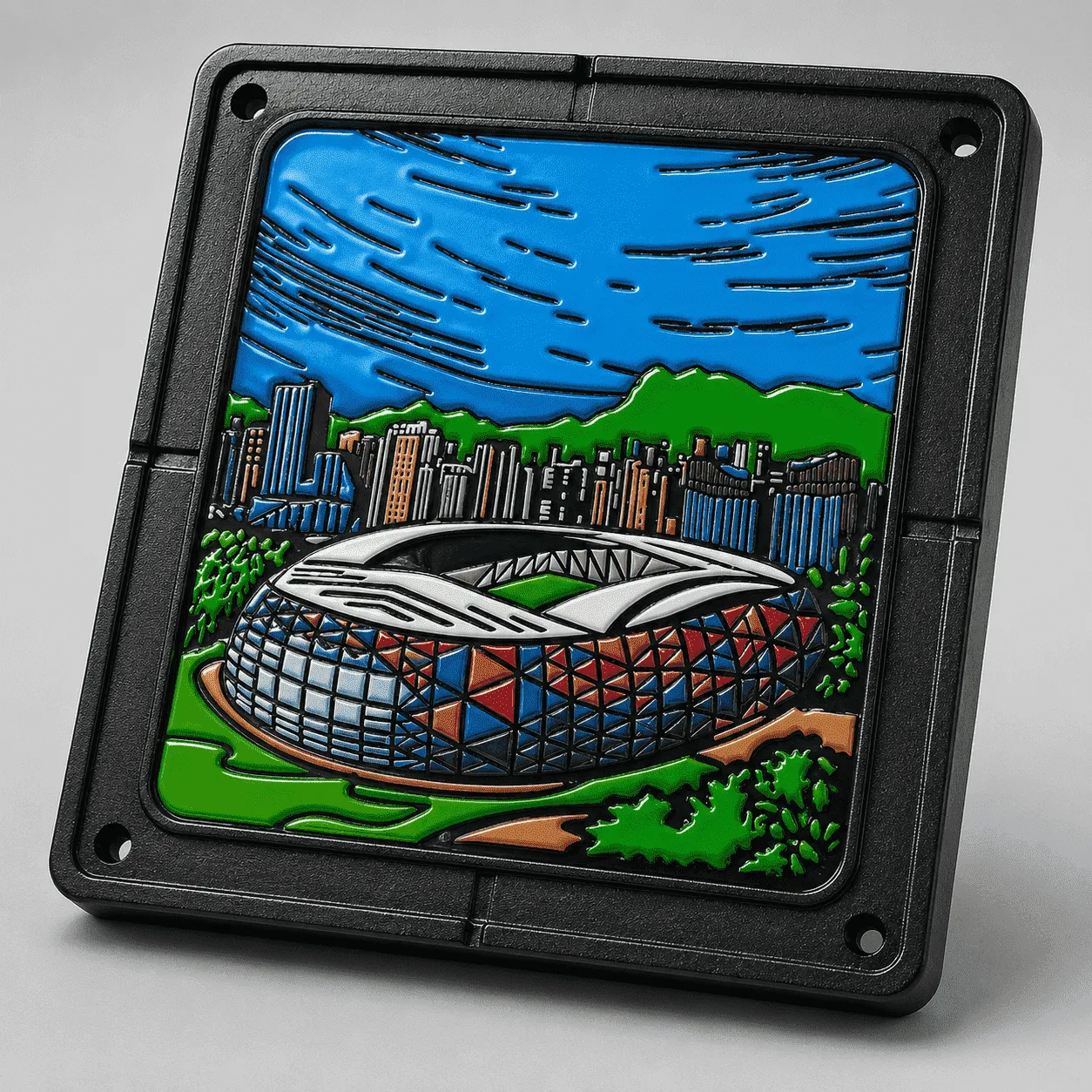 Decorative logo manhole cover front view