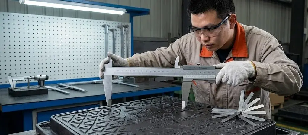 Ductile iron manhole cover dimension inspection and frame fit check