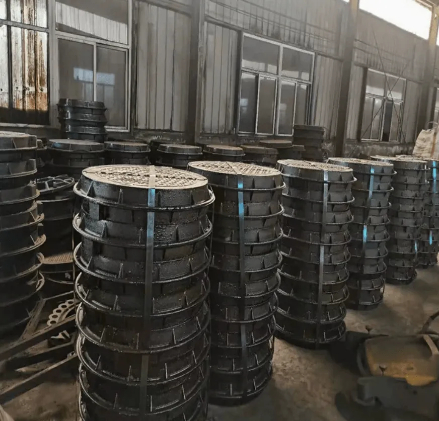 Stacked round ductile iron manhole covers for project shipment